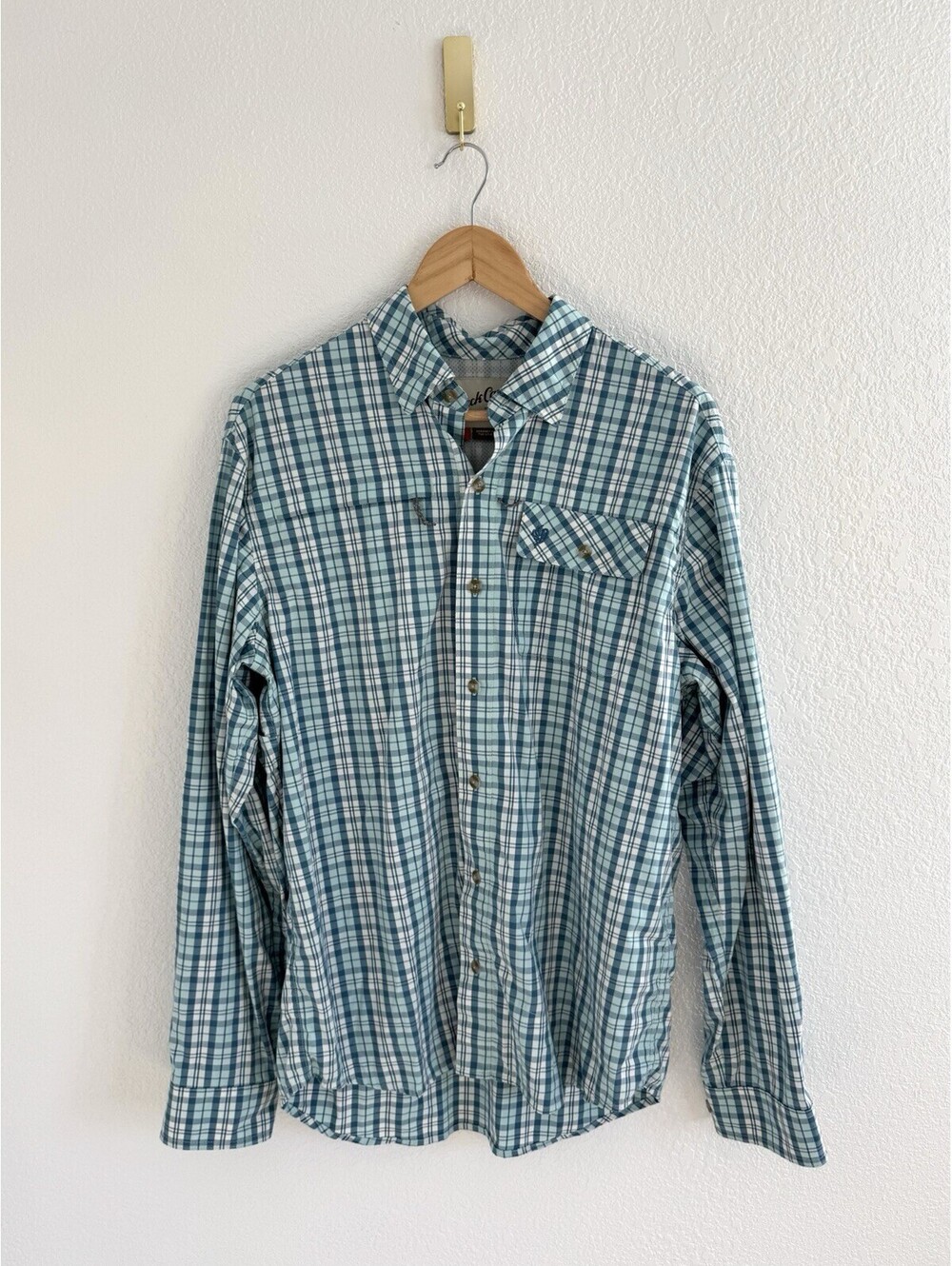 Duck Camp Shirt Men’s Lg Blue White Check Long Sleeve Vented Fishing Outdoor